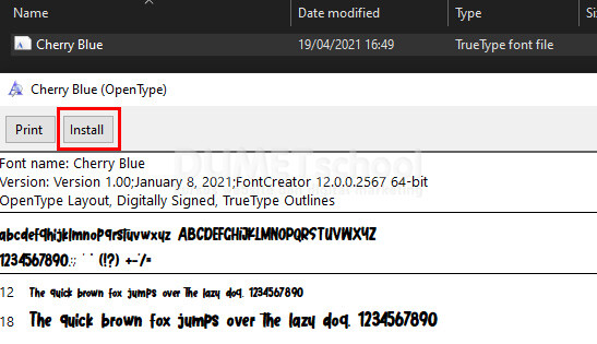 Atau bisa juga dengan klik dua kali pada file format ttf tersebut, setelah muncul dialog box, klik Install.